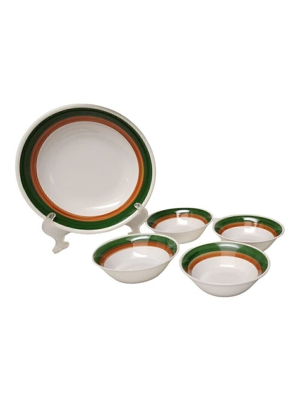 5PC Neiman Marcus Green Orange Stripe Soup & Serving Bowls